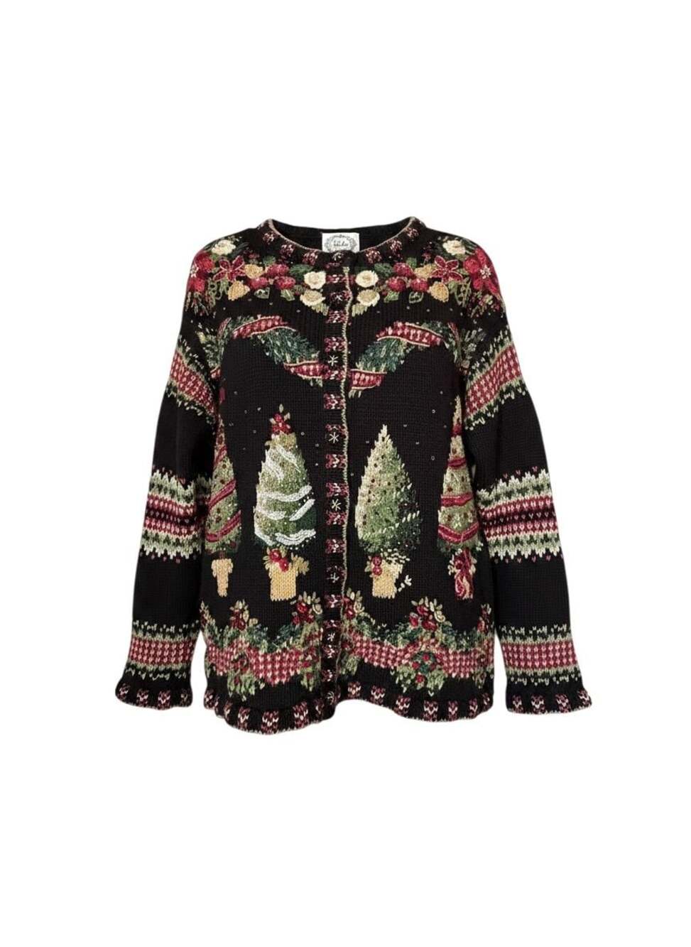 Stitches In Time Women's VTG Christmas Tree Embroidered Beaded Cardigan M